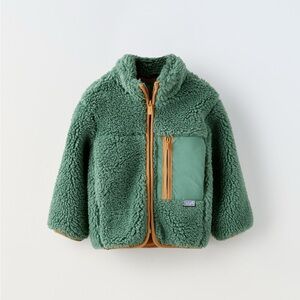 ZARA KIDS Green Sherpa Fleece Jacket with Tan Accents